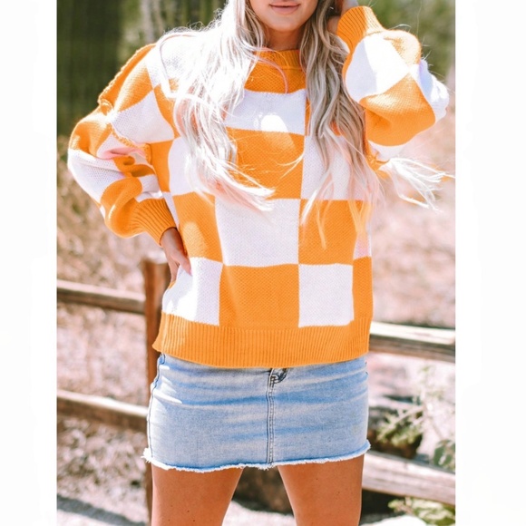 Checkers Orange White Oversized Knit Pullover Sweater - Picture 6 of 13